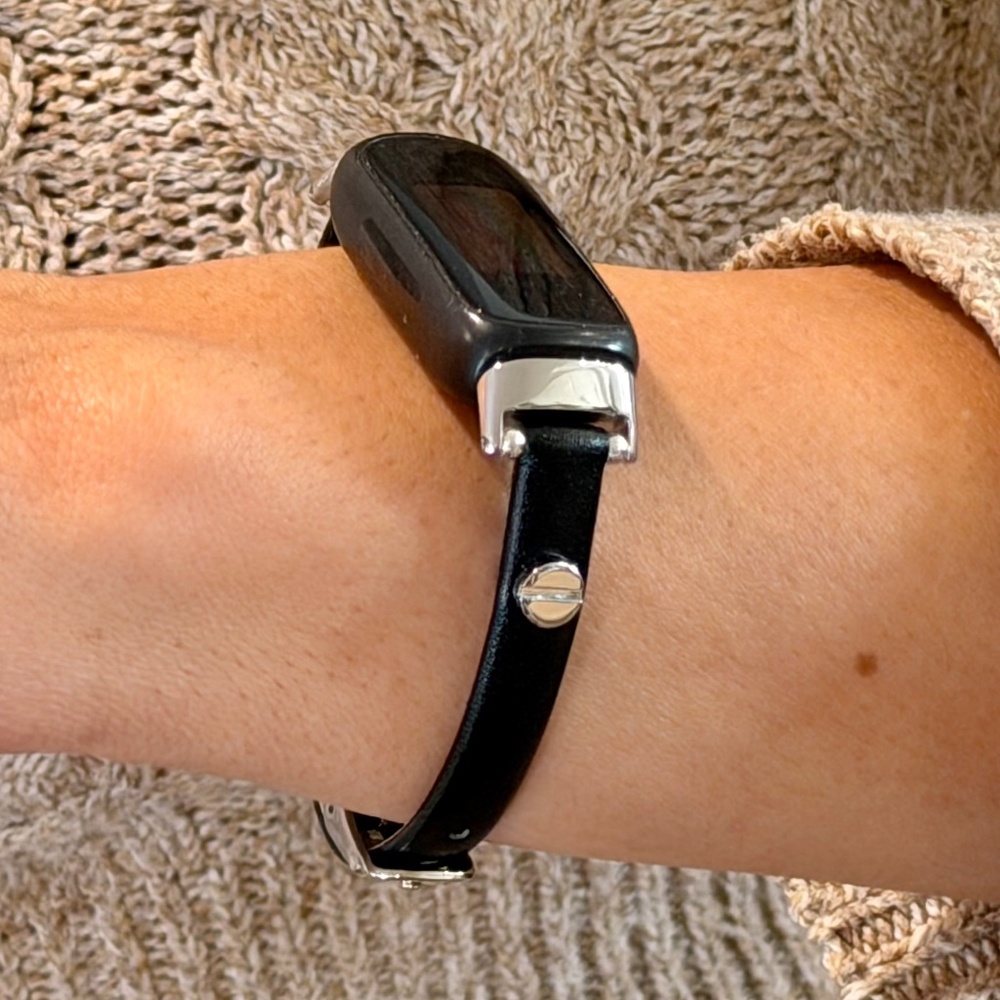 Slim Black Leather Fitbit Inspire 3 Strap Band, Silver Accents Women's Bracelet